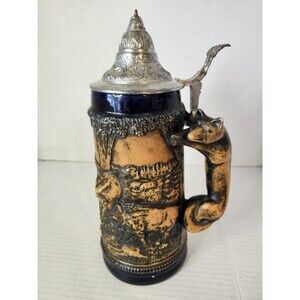 Vintage Gerz Germanany Lidded Beer Stein Fox Handle Wild Elk Boar Oktoberfest